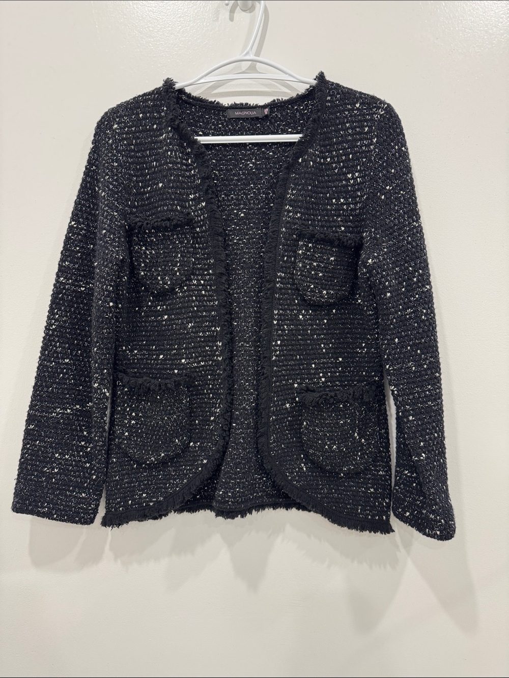 Magnolia 100% Merino Wool Black Fringe Cardigan Sweater Size S